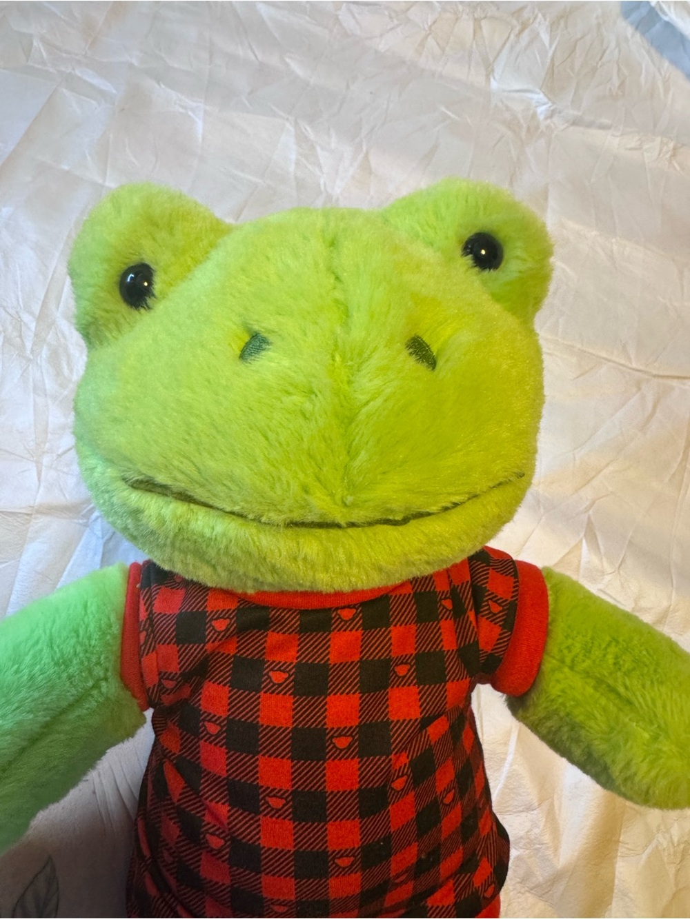 Build a Bear Green Frog with Red Plaid Onesie